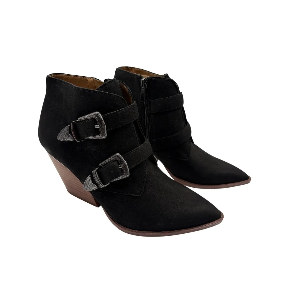 Franco Sarto Granton Ankle Boots Womens 8.5 Black Excellent Western Buckle Wedge